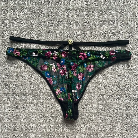 Victoria's Secret Very Sexy Satin Strappy Thong Black Floral Large NWT - Picture 3 of 3